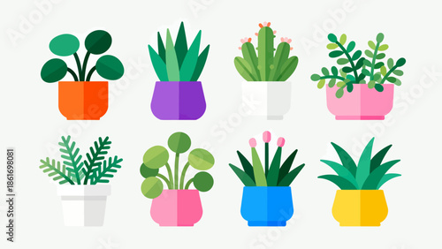 Set of potted plants in colorful pots