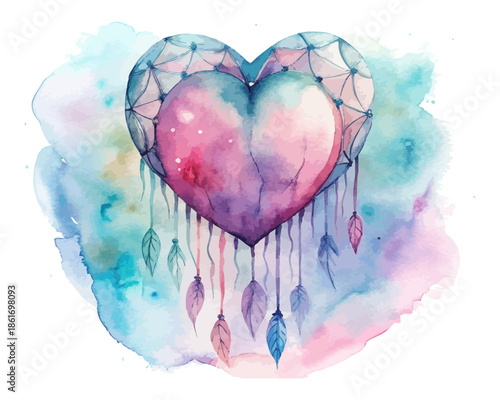Watercolor Heart Dreamcatcher  Valentine Element illustration isolated on white background