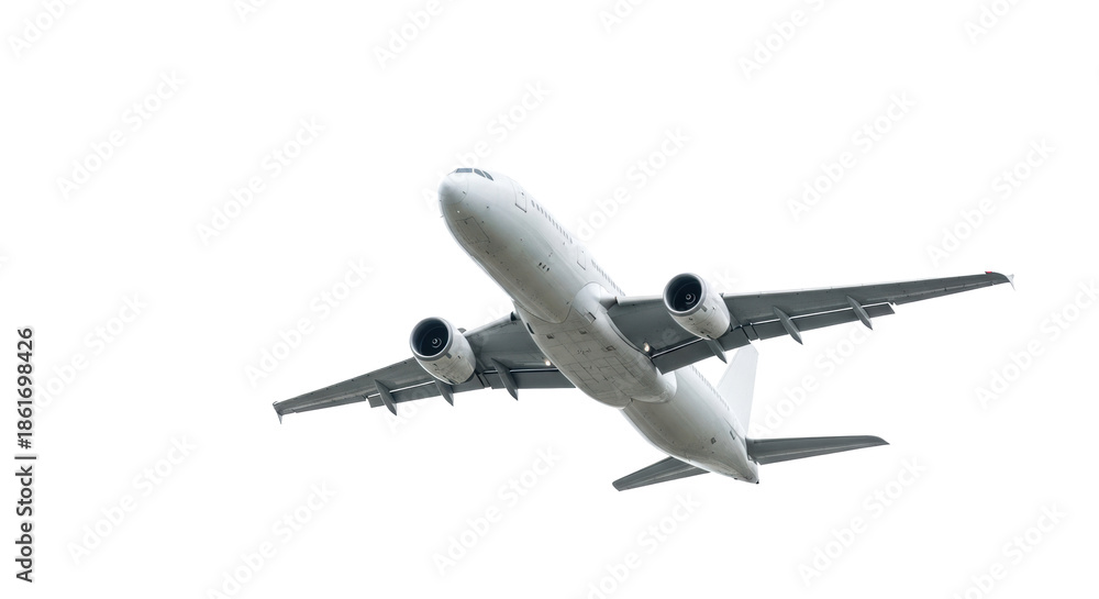 Obraz premium A sleek white commercial passenger airplane with two jet engines in dynamic upward flight, isolated against a bright, transparent background with copy space, concept of global air travel