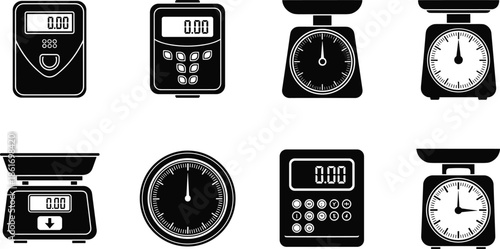 Kitchen and digital scales vector set illustration, collection of mechanical and electronic weighing tools for cooking and laboratory use, isolated black silhouette icons.