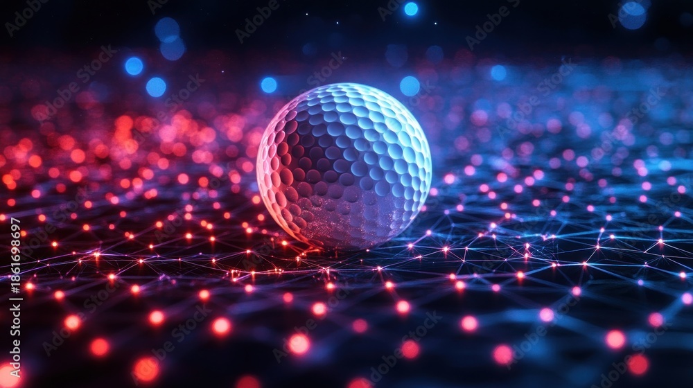 Obraz premium Dimpled white sphere like a golf ball on a glowing neon network grid of red and blue nodes with bokeh lights, reflective surface and futuristic mysterious energy