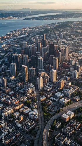 Aerial View Of Seattle Cityscape At Sunset With Water And Mountains