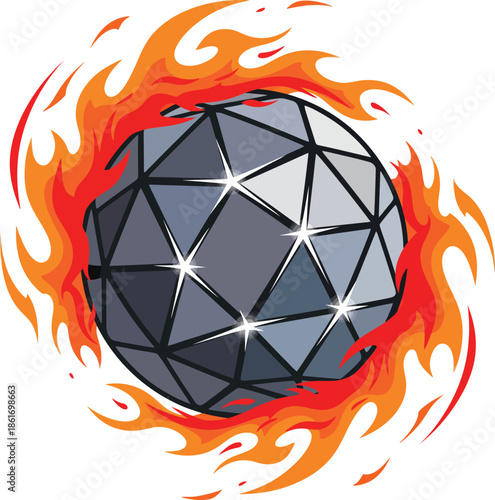 Sparkling faceted grey disco ball engulfed in swirling orange and red cartoon flames.