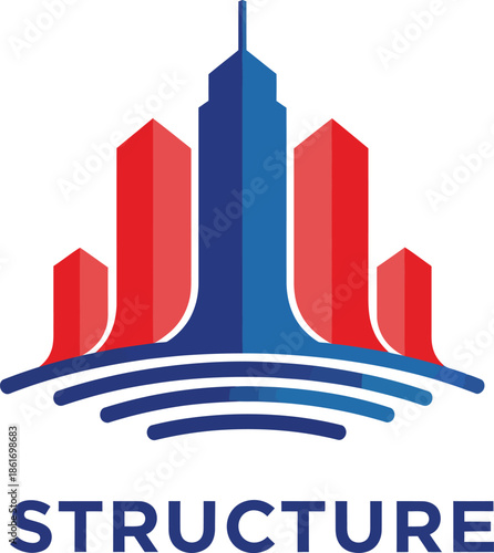 Stylized architectural structure logo with a central blue skyscraper and flanking red towers on a curved wavelike base.