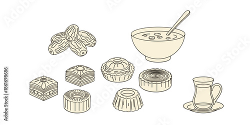 Assorted desserts and drinks with a spoon and cup bowl