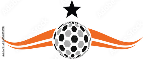 Stylized soccer ball emblem with a hexagonal pattern a black star and dynamic orange swooshes.