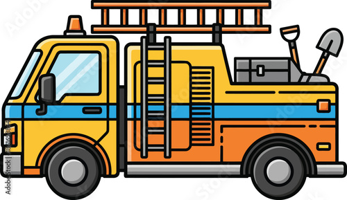 Yellow and orange cartoon utility service truck with a roof ladder siren and tools.