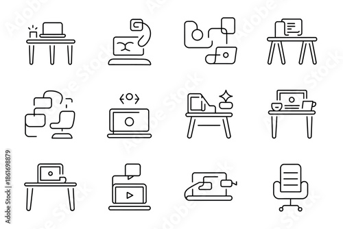 A collection of icons depicting various office desks, laptops, and computer setups for work.