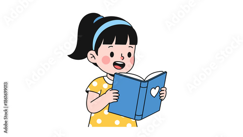 Happy Girl Reading a Book - Educational Illustration