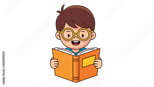 Happy Boy Reading Book - Fun Illustration for Kids