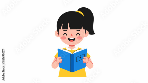 Happy Girl Reading Book - Cute Illustration for Kids