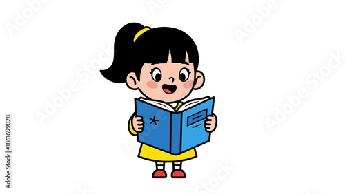 Happy Girl Reading Book - Cute Children Illustration