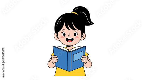 Cute Girl Reading Book Illustration - Joyful Child Learning
