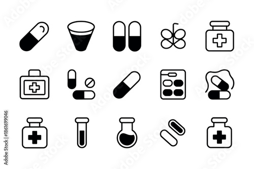 A collection of medical icons representing pills, capsules, and first aid kits on a white background.