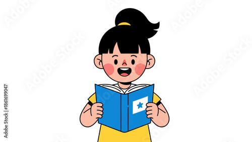 Cute Girl Reading Book Illustration with Star - Happy Young Reader