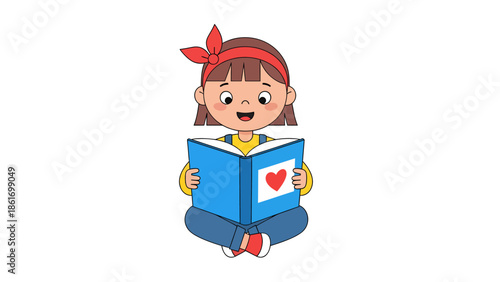 Cute Girl Reading Book with Heart Illustration - Happy Young Reader