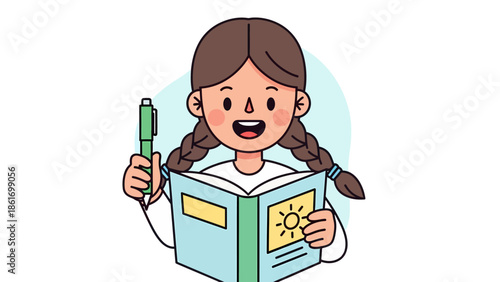 Cute Girl Reading a Book with a Green Pen – Cartoon Character