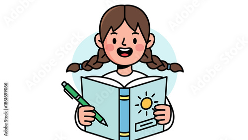 Reading Girl Illustration – Student with Book and Pencil