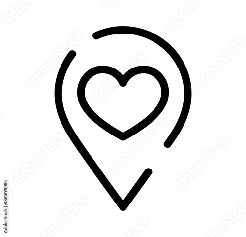 A simple black outline icon representing a heart inside a location pin symbolizes a favorite place or important destination.