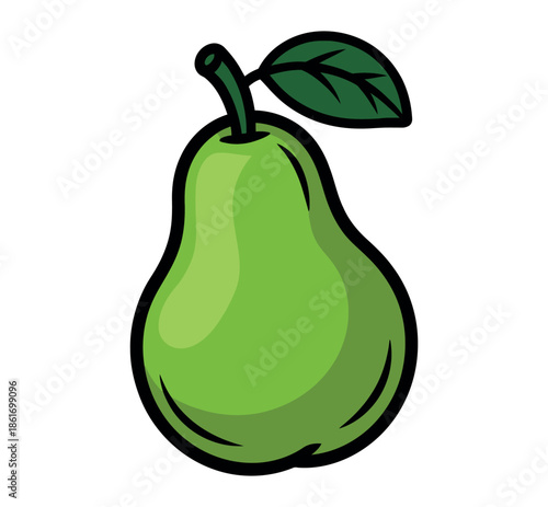A single green pear with a stem and leaf is isolated on a white background.