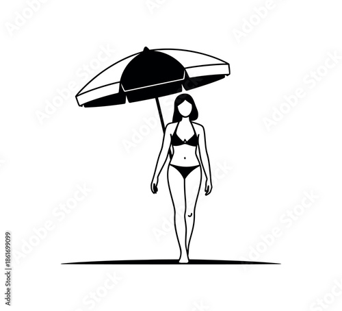 A woman in a bikini walks under a beach umbrella on a sunny day.