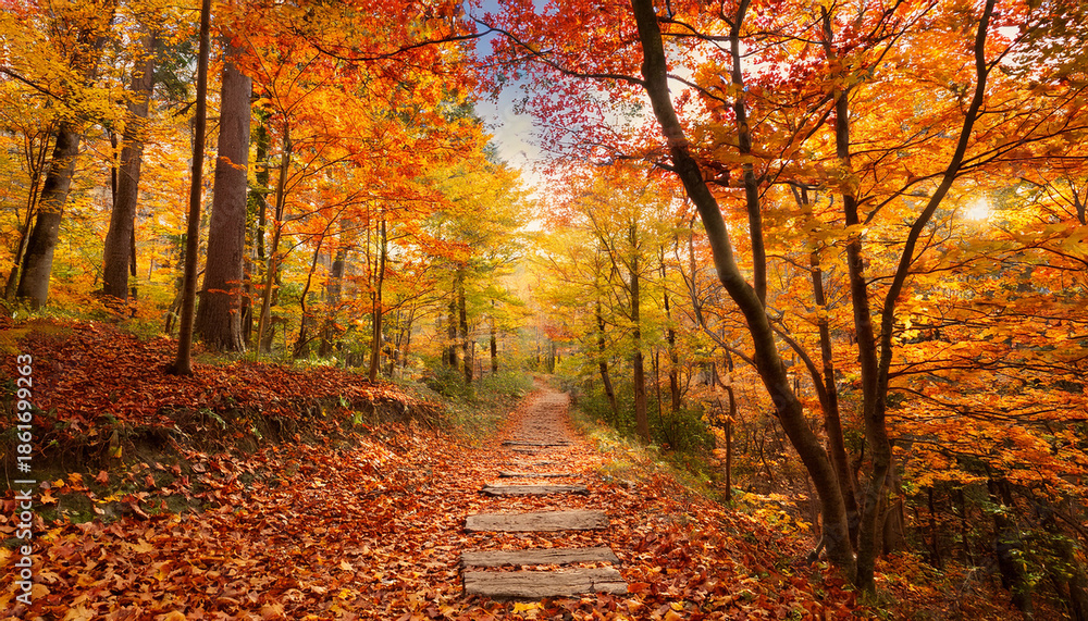 Obraz premium Narrow Path Through A Vibrant Autumn Maple Forest Generative Ai