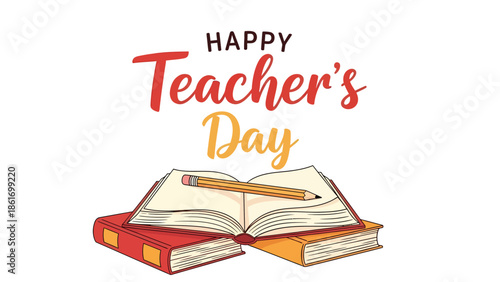 Happy Teacher's Day with Books and Pencil - Vector Illustration