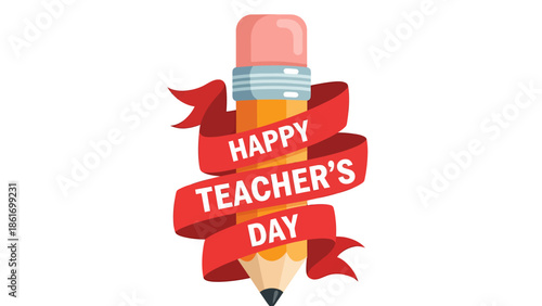 Happy Teacher's Day with Pencil and Ribbon - Vector Illustration