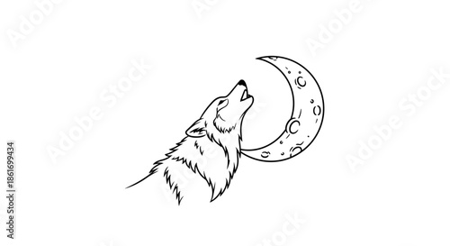 Minimalistic Line Drawing of howling wolf and crescent moon for mystical art