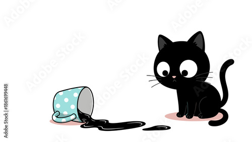 Cartoon Cat Staring at Spilled Cup of Liquid