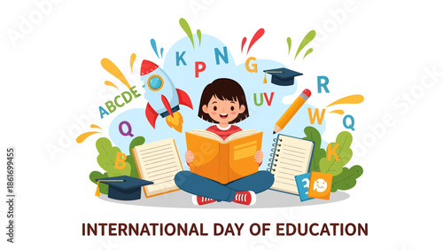 International Day of Education Illustration with Child Reading