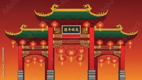 Vibrant traditional chinese gate with green roof, red pillars, gold accents, and hanging lanterns against a gradient orange background