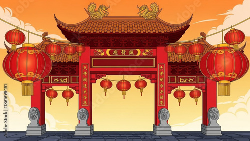 Vibrant chinese temple gate with red lanterns and golden accents against a warm orange sky with clouds