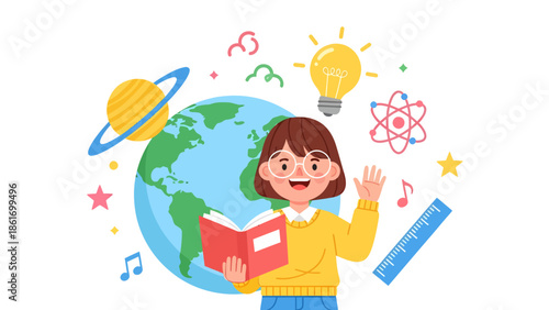 Child Exploring Science with Book, Earth, and Ideas