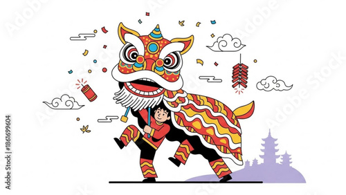 Vibrant lion dance performance with festive decorations and fireworks on white background, symbolizing cultural celebration and joy