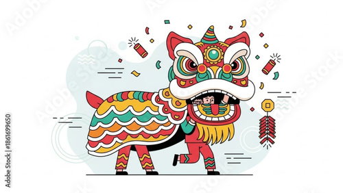 Vibrant colorful lion dance performance with festive fireworks and decorations, celebrating chinese new year with a traditional dragon creature