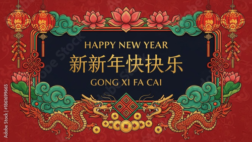 Chinese new year celebration with dragon, lanterns, and flowers on red background, happy new year in english and chinese characters