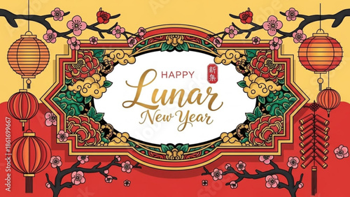 Happy lunar new year celebration with traditional lanterns, blossoming flowers, and ornate decorations on a vibrant red and yellow background with elegant gold lettering