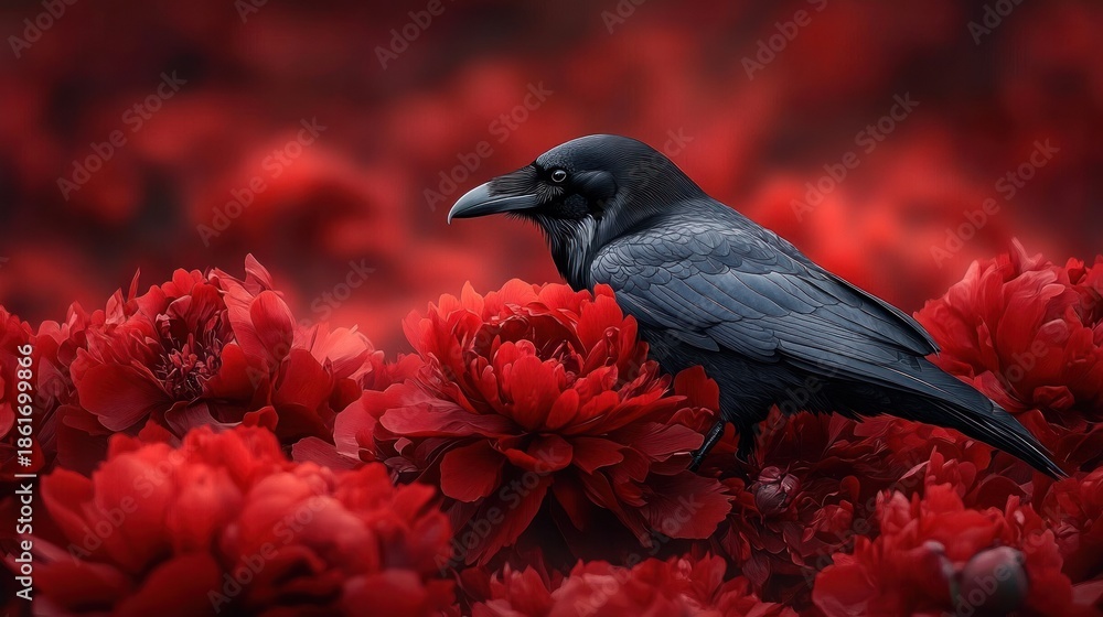 Fototapeta premium Black raven perched amid lush red peony blossoms, dramatic moody scene evoking mystery, solitude and quiet elegance