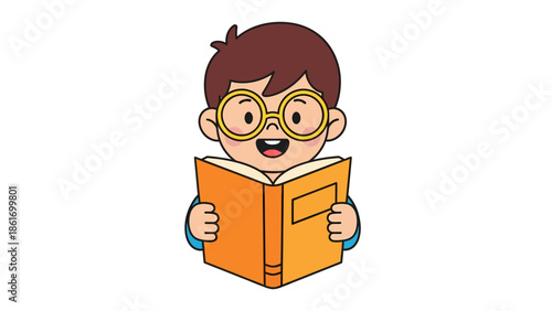 Happy Child Reading an Orange Book with Excitement