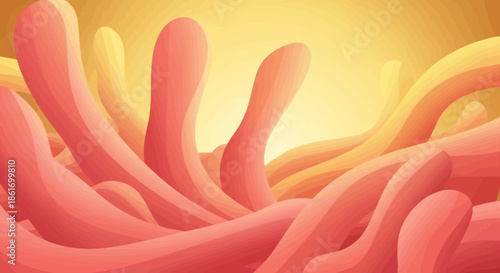 Abstract digital illustration featuring organic pink and yellow flowing structures with a luminous