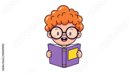 Child with Curly Orange Hair Reading a Book