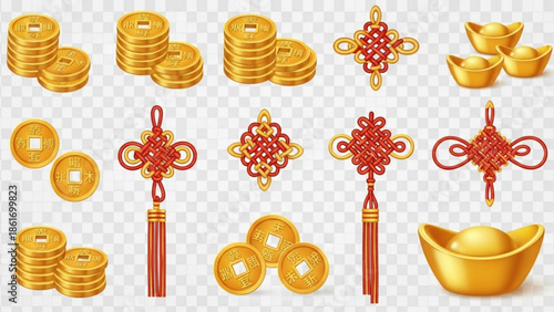 Chinese new year gold coins and decorations on transparent background for prosperity and good fortune in business and finance
