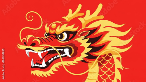 Vibrant red and gold dragon head with sharp teeth and fiery mane on solid red background, symbolizing chinese culture and mythology