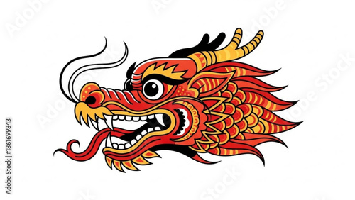 Vibrant red and orange dragon head with yellow accents, sharp teeth and tongue out, mythical creature with fiery mane and smoke coming out of nostrils