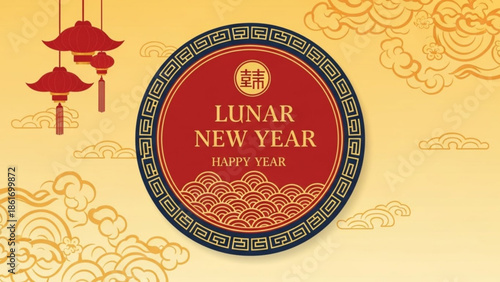 Lunar new year celebration graphic with red lanterns and traditional asian design elements on yellow background