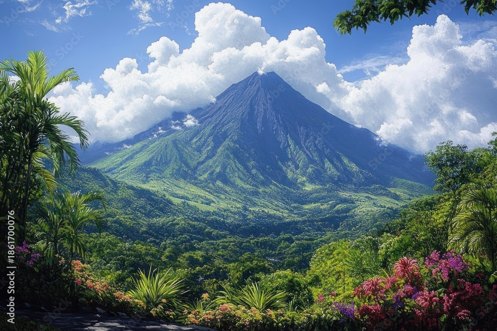 Fototapeta premium Majestic conical volcano rising above a lush tropical valley, framed by palm trees and colorful flowering shrubs, dense green rainforest below and dramatic white clouds against a blue sky
