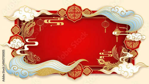 Vibrant red chinese new year background with gold accents, lanterns, clouds, and dragon designs for festive celebrations and cultural events