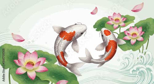 Elegant koi fish swimming among pink water lilies and lush green leaves in tranquil pond scene