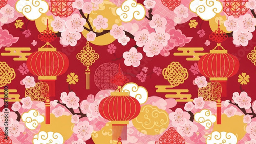 Vibrant chinese new year seamless pattern with red lanterns, pink cherry blossoms, and golden accents on deep red background for festive decorations and cultural